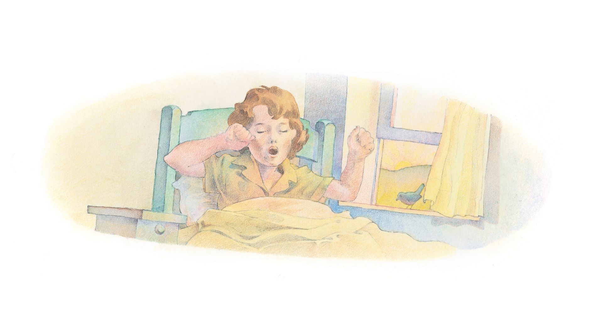 A child yawning and waking up at sunrise. From the Children’s Songbook, page 280, “Healthy, Wealthy, and Wise (Round)”; watercolor illustration by Richard Hull.