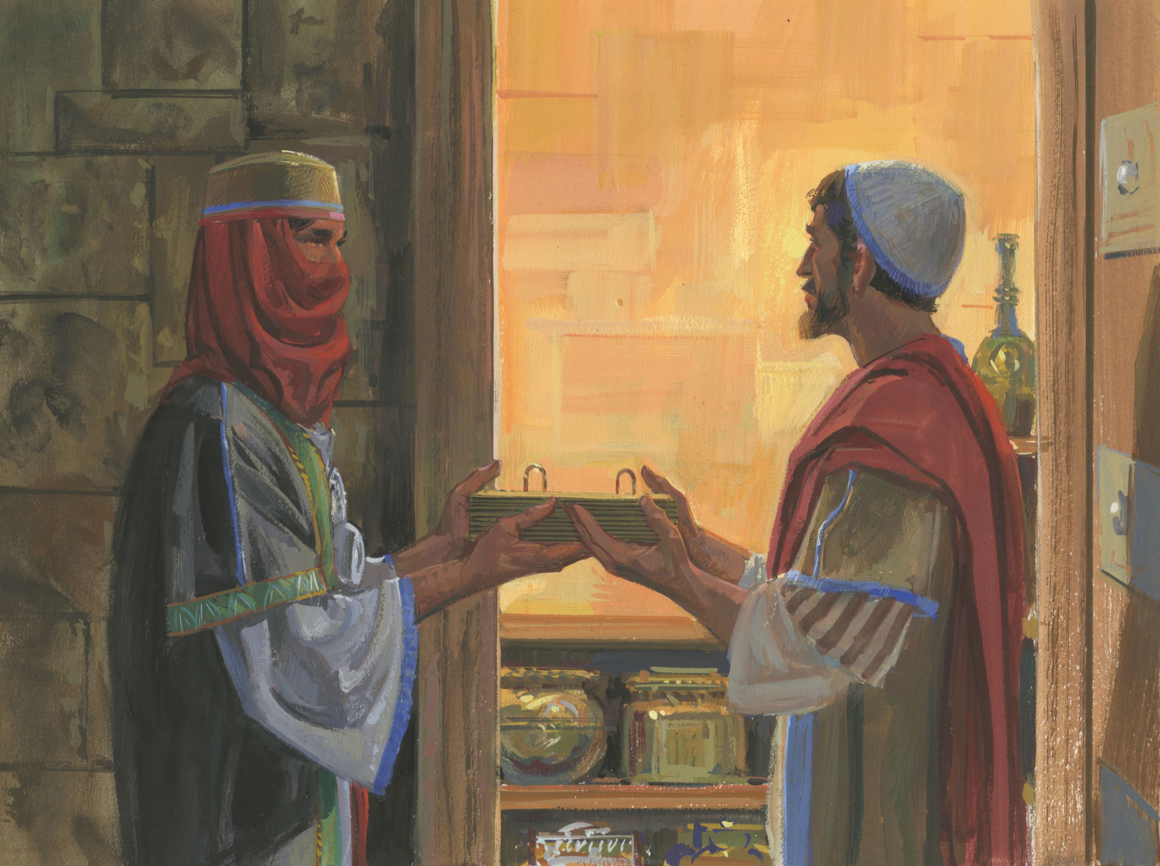 A painting by Jerry Thompson depicting Nephi and Zoram talking; Primary manual 3-43