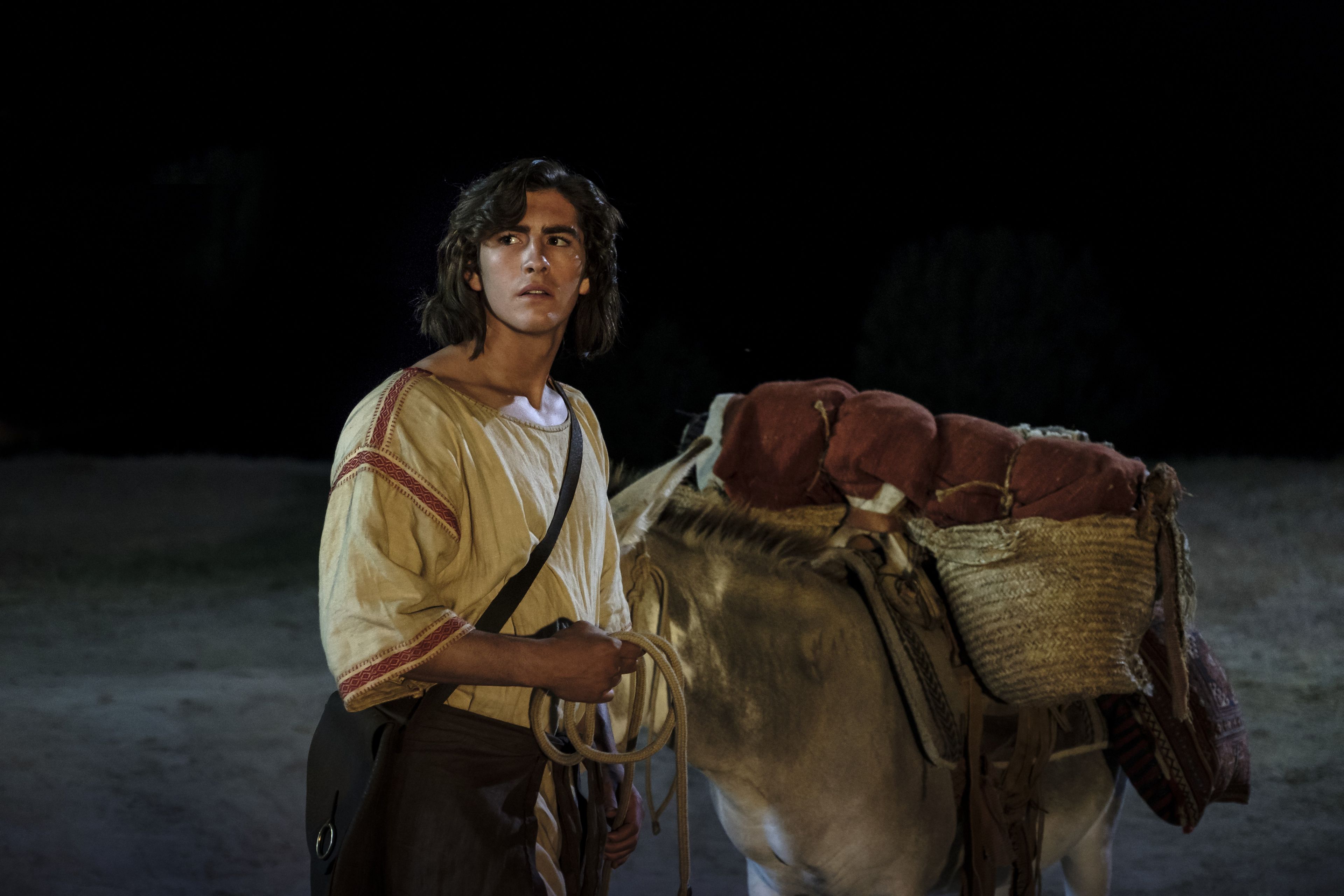 Nephi stands with a donkey at night.