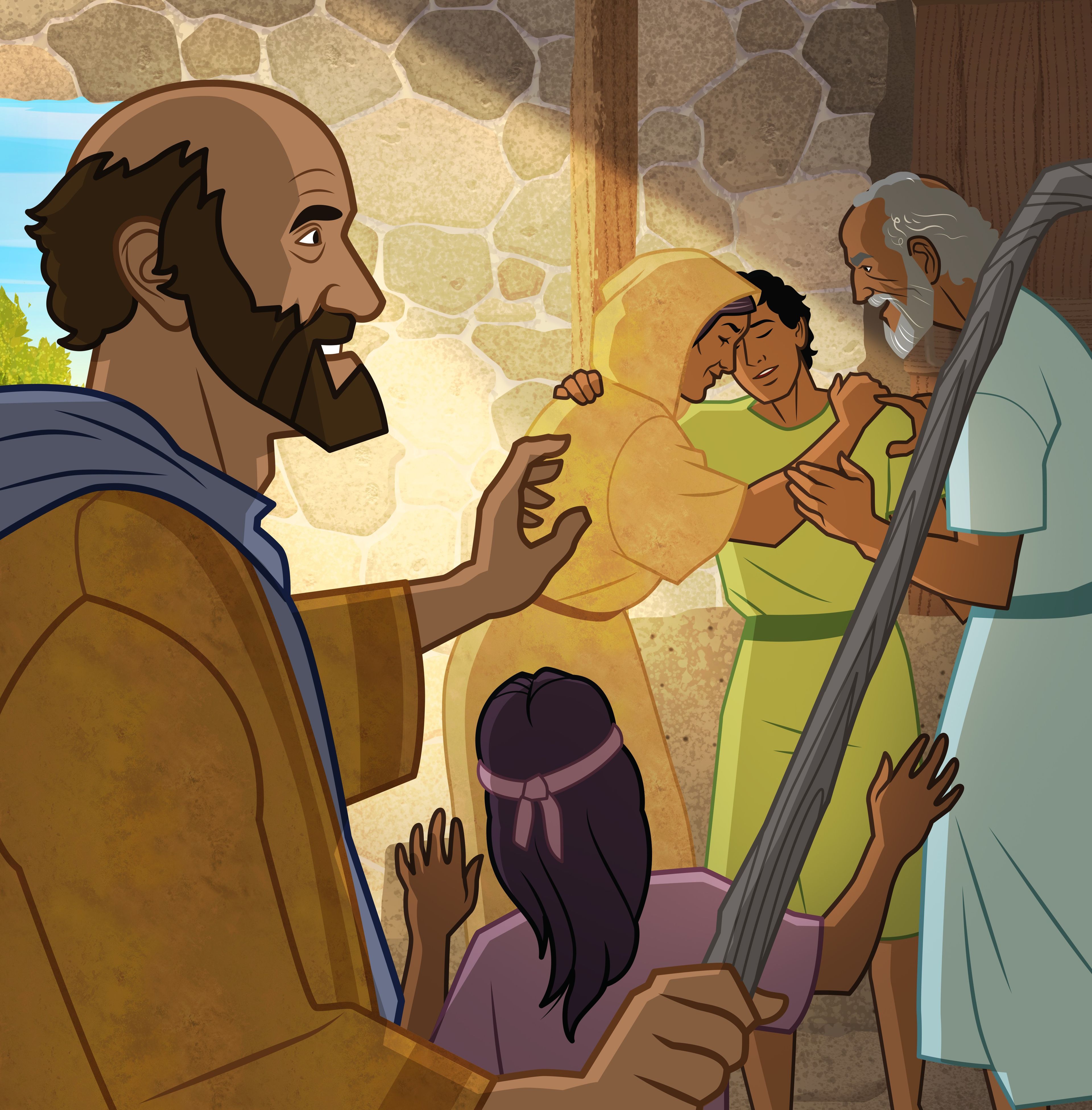Ilustración de una familia celebrando. 
2 Reyes 4:18–37