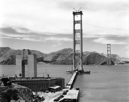 Golden Gate Bridge under construction.