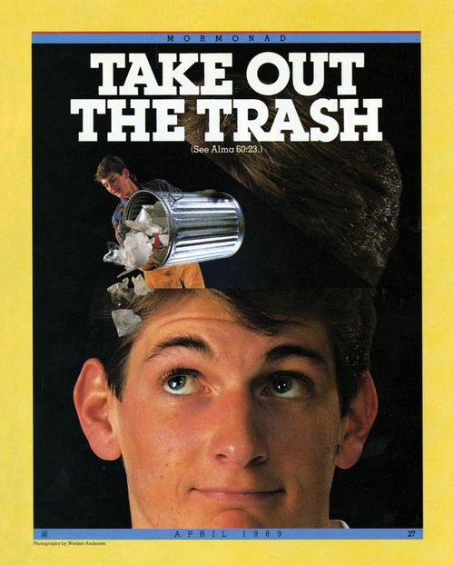 A conceptual photograph of a young man whose head has opened to clear out a bin of trash, paired with the words “Take Out the Trash.”