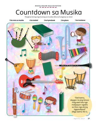 page with musical instruments scattered around