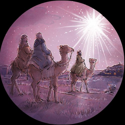 Three wise men ride on camels as they head toward Bethlehem. The star of Bethlehem goes before them.