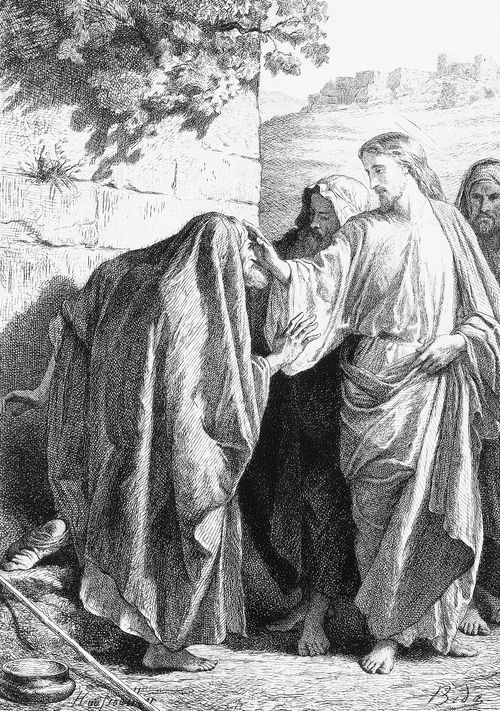 A black-and-white illustration of Christ talking with a leper.
