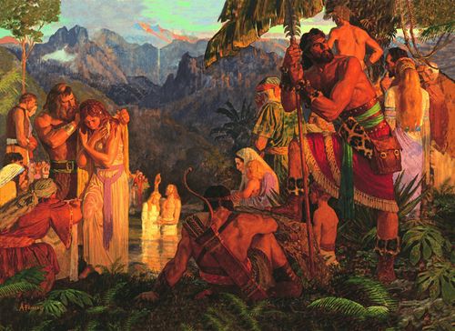 The Book of Mormon prophet Alma baptizing Nephite converts in the Waters of Mormon. Other men and women are watching or waiting to be baptized. There are trees and mountains in the background. Scriptural reference: Mosiah 18:5-16
