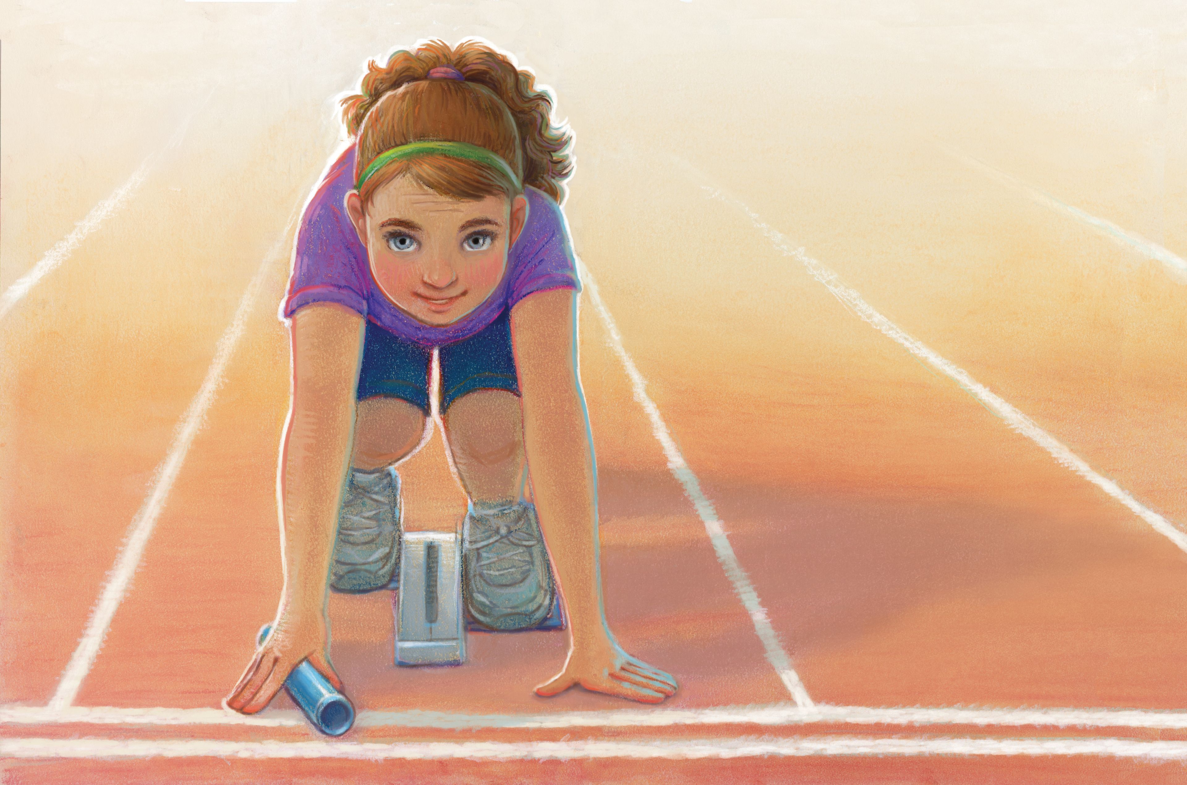 A girl crouches down on her lane on a running track and waits to begin the race.