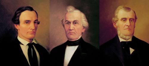 Three portraits together in a row: Oliver Cowdery, David Whitmer, and Martin Harris.