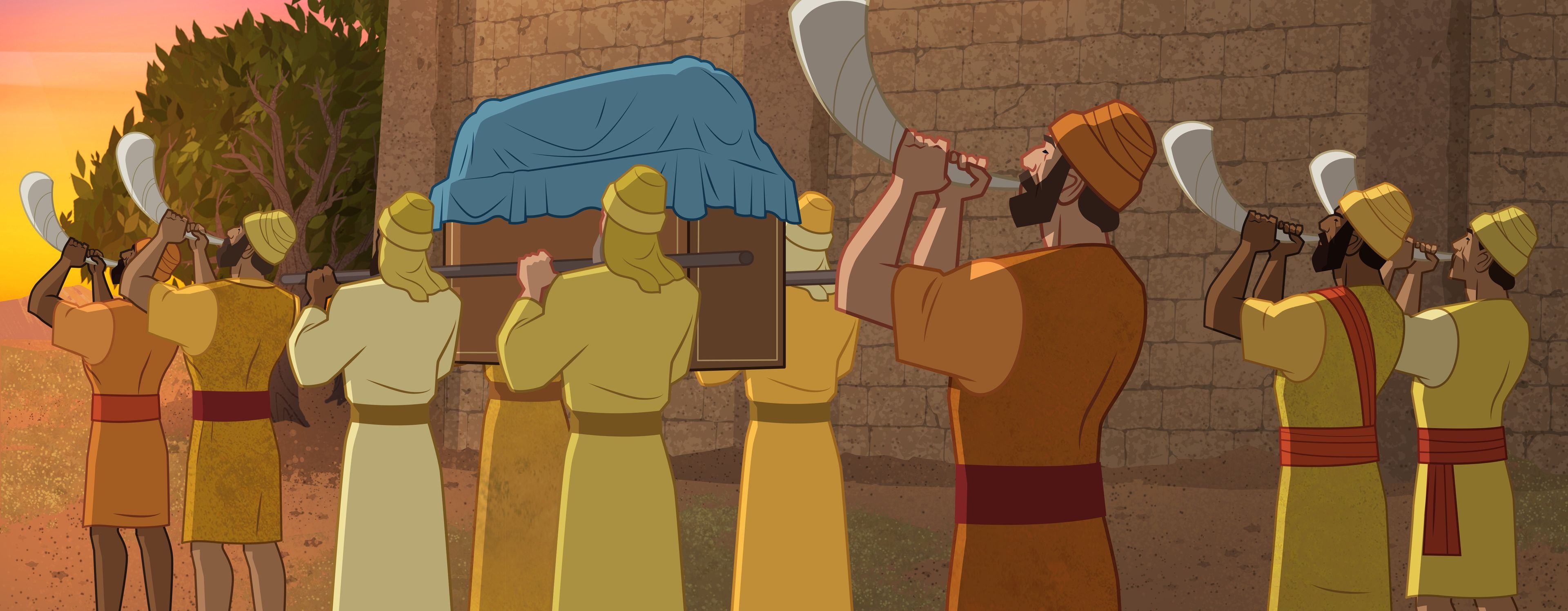 Illustration of priests carrying ark of the covenant, others blowing horns. Joshua 6:6–14