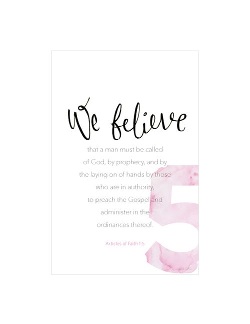 A white background with a large number 5 printed in red, paired with the words of Articles of Faith 1:5.