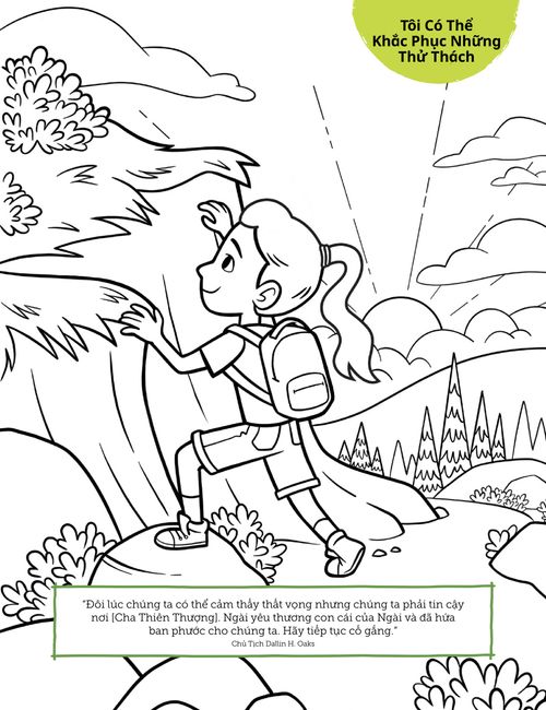 coloring page of girl hiking up mountain