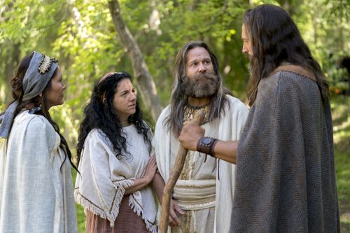 Nephi, Jacob, and their wives talk outside.
