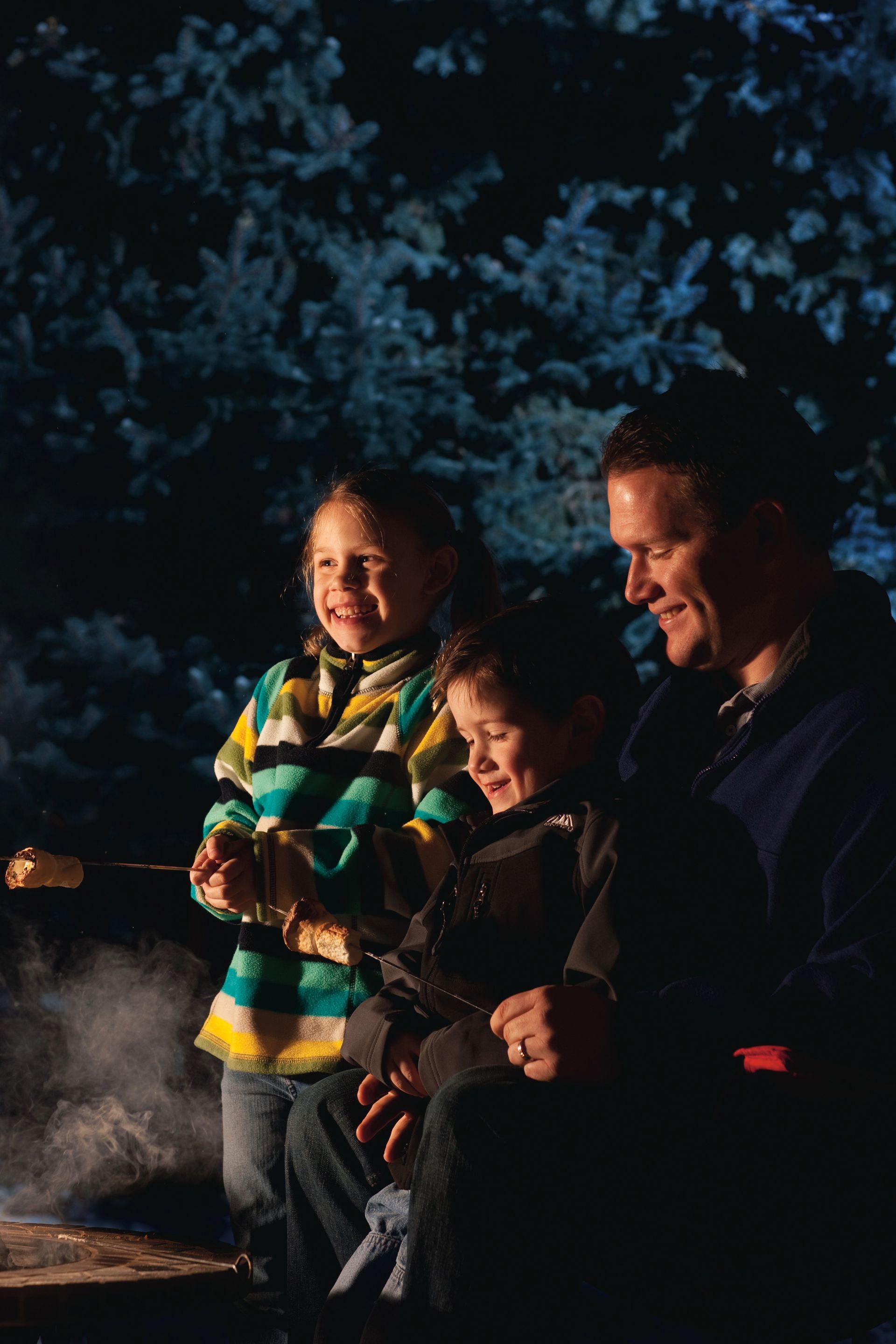 A father roasting marshmallows with his two young children.