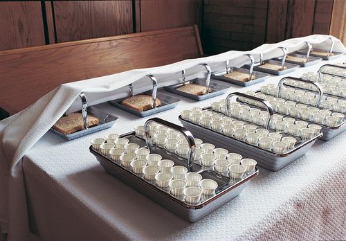 sacrament trays with bread and water