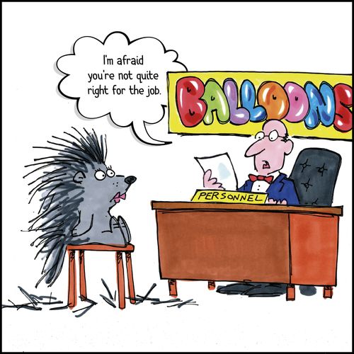 porcupine applying for a job at a balloon company