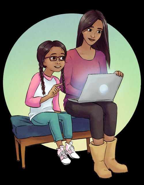 girl working on laptop with mom