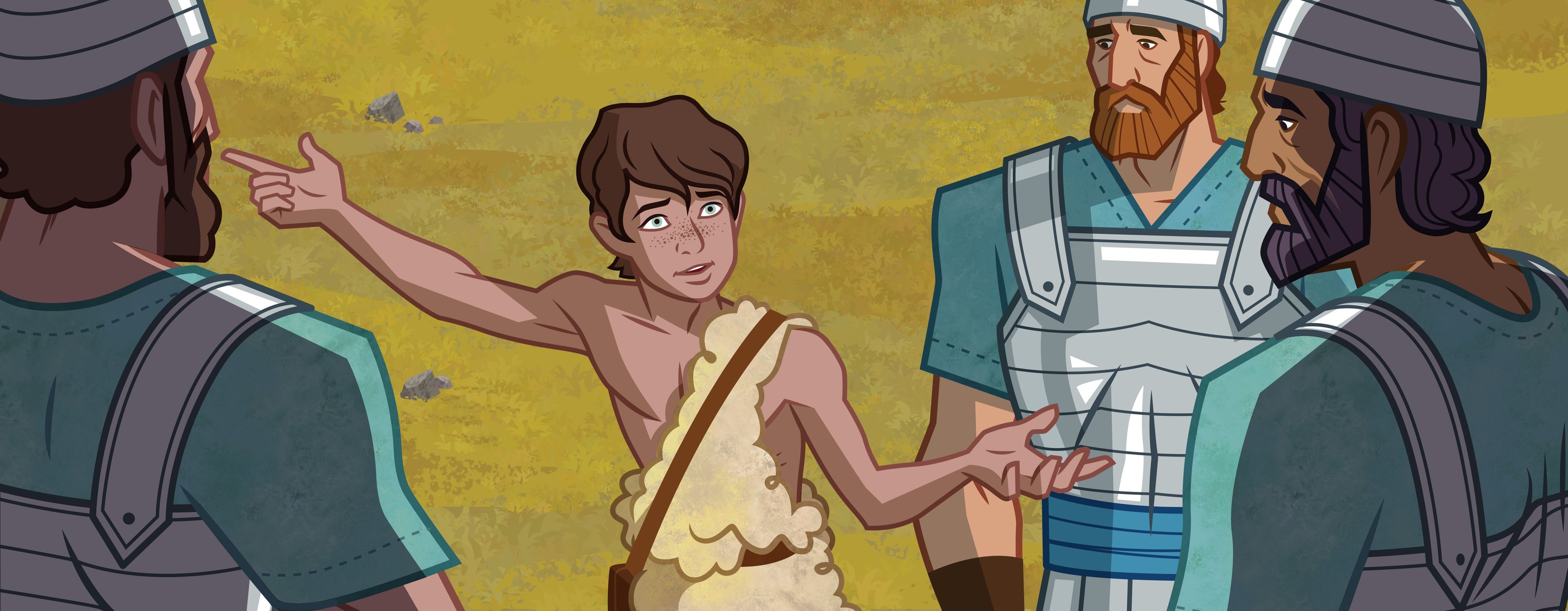 Illustration of David talking to soldiers. 1 Samuel 17:24–30