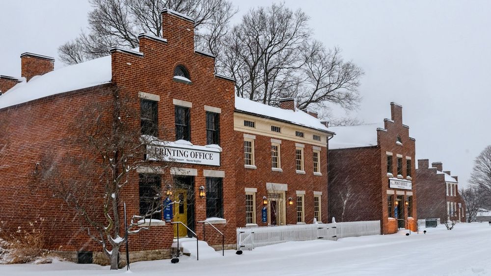 A complex of three red brick buildings with snow on the roofs and in the streets around them. 