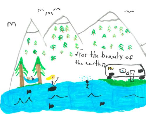 A child's drawing of mountains and camping by Kennedy Bendixsen.