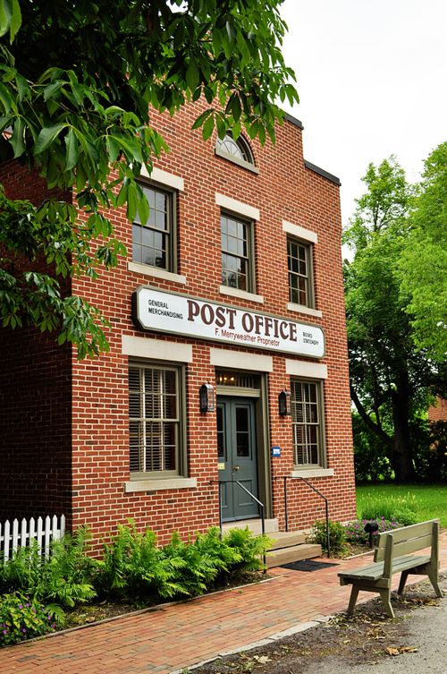 The two-story red-brick post office in Nauvoo.