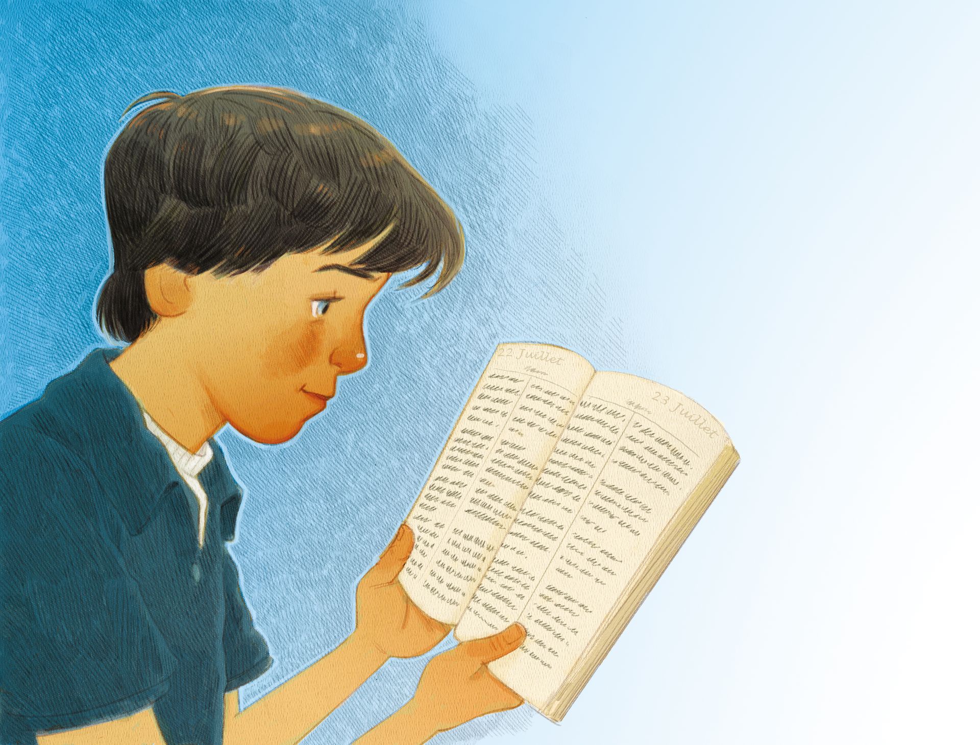 A boy holds open a set of scriptures and reads from them.