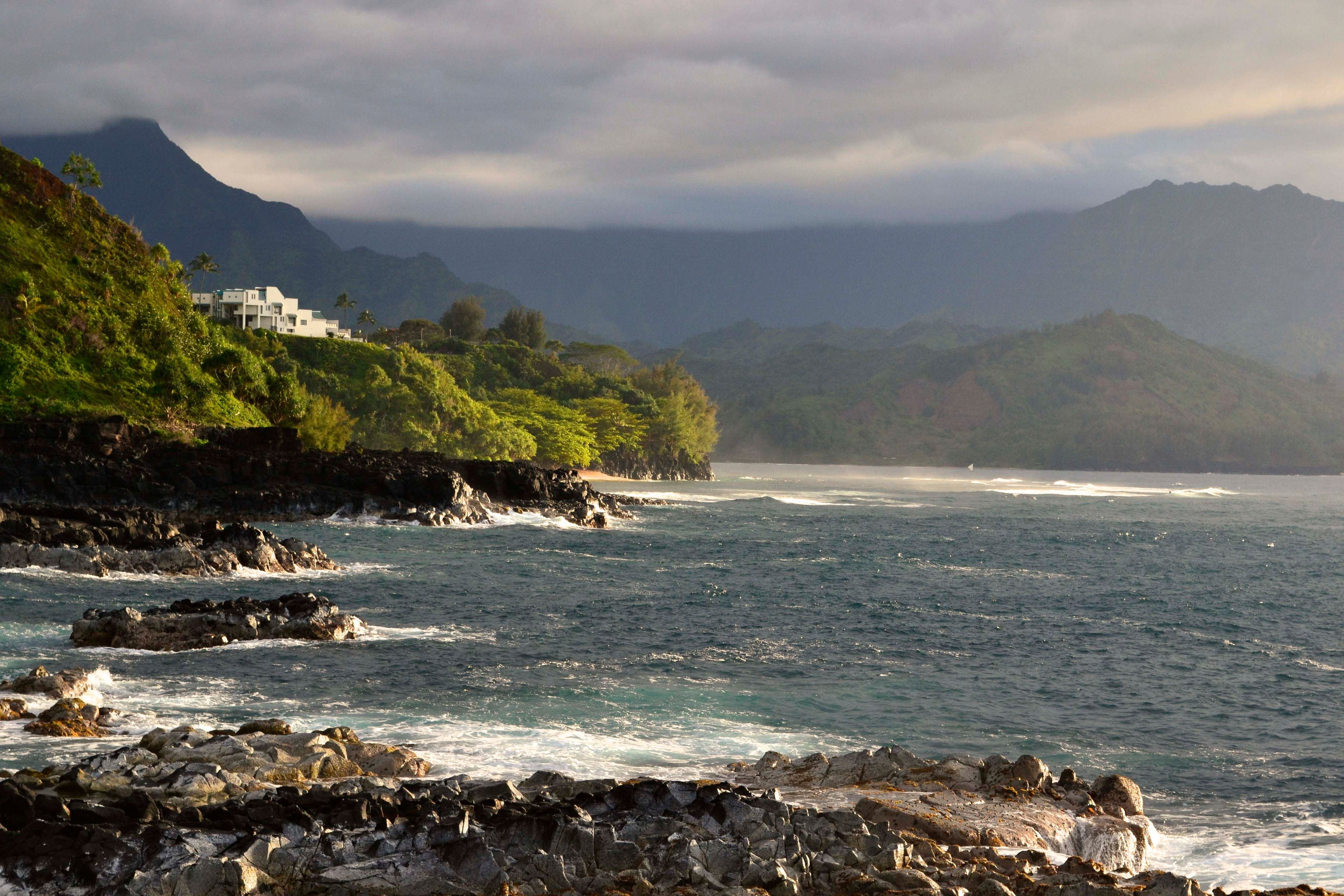 The shoreline and mountains in Kauai, Hawaii.