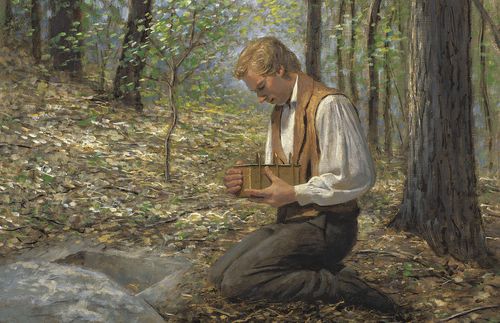 Joseph kneeling in the woods with the golden plates