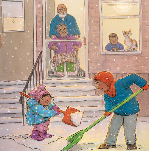 A brother and sister help shovel snow of a sidewalk and stairs in front of their grandparent's home.