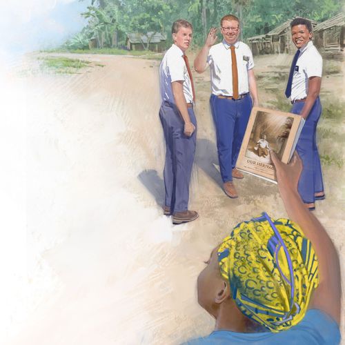 Eine Frau hält ein Buch hoch und begrüßt drei Missionare