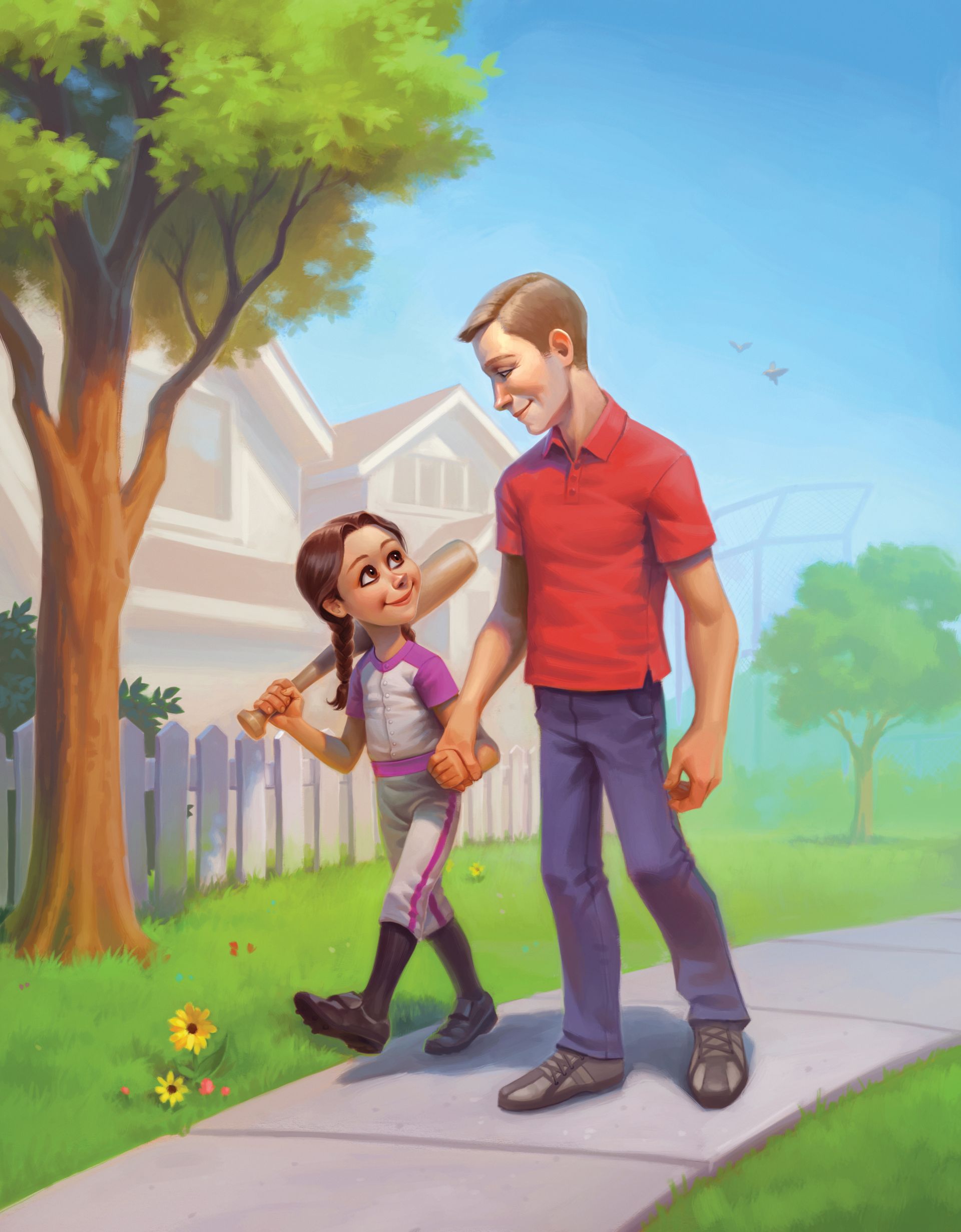 A father walks his daughter to her softball game.