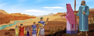 Nephi and brothers and Zoram greeting Sariah and Lehi