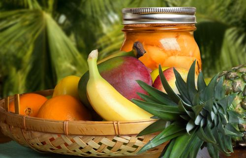 baskets and bottles of fruit