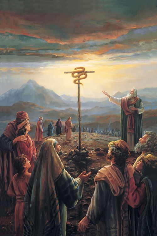 A painting by Judith Mehr of Moses standing before the children of Israel, pointing toward a large brass serpent on a pole.