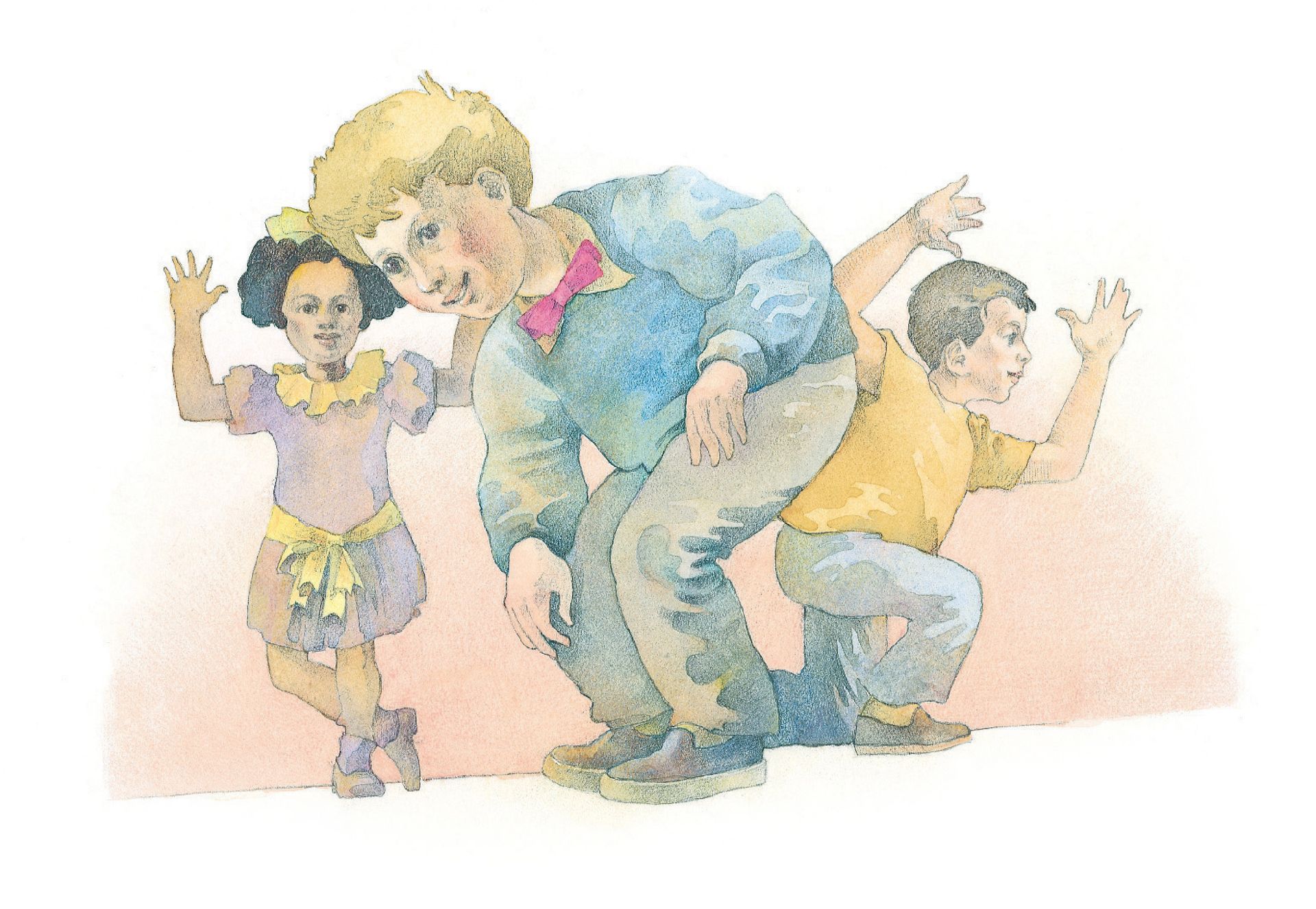 Three children dancing and singing together in Primary. From the Children’s Songbook, page 277, “Hinges”; watercolor illustration by Richard Hull.