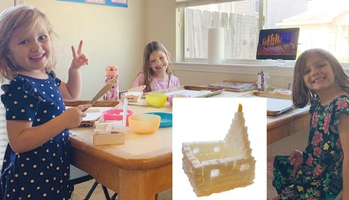 Sophie, Bailey, and Clair B. with sugar-cube temple