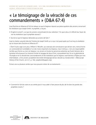 Document à distribuer : « Le témoignage de la véracité de ces commandements » (D&A 67:4)