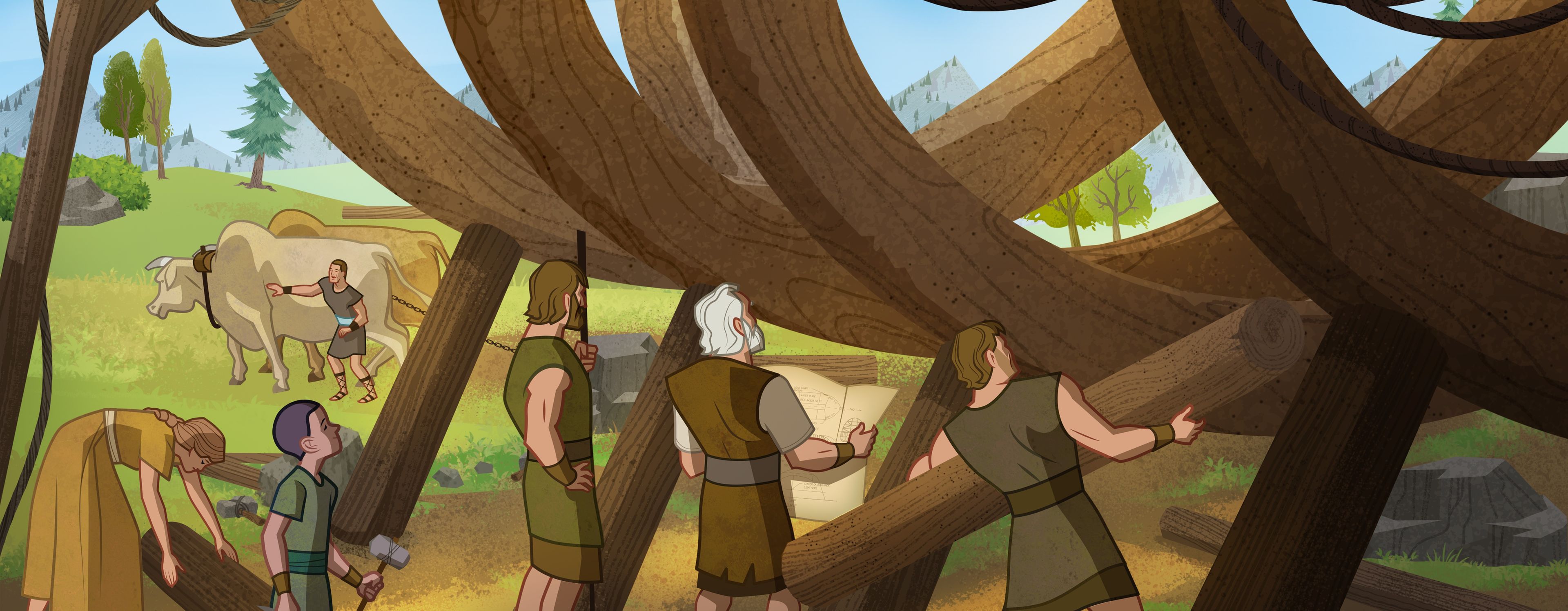 삽화: 방주를 짓는 노아와 가족 
창세기 6:14~18; 모세서 8:25