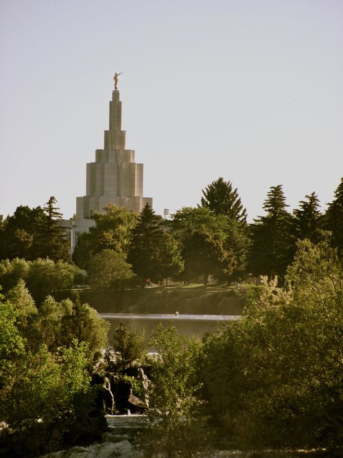 Green scenery seen on a sunny day in front of the Idaho Falls Idaho Temple, which can be seen in the background.