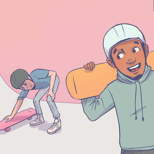 two boys with skateboards