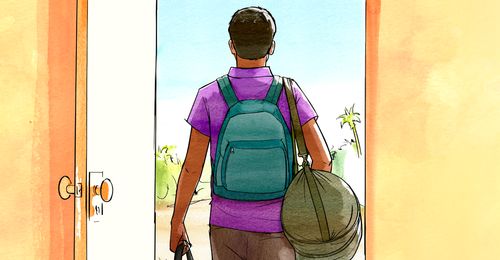 illustration depicting a young man walking out of a door.  He is carrying a bag, backpack and scripture tote.