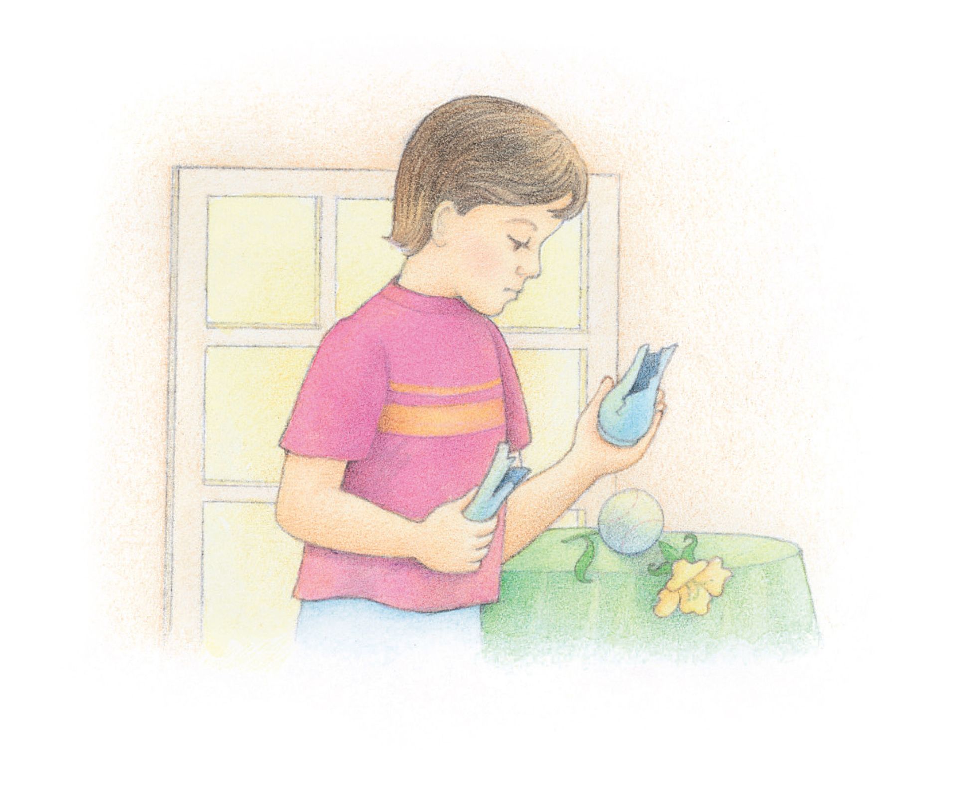 A boy looking sadly at a broken vase. From the Children’s Songbook, page 149, “I Believe in Being Honest”; watercolor illustration by Beth Whittaker.