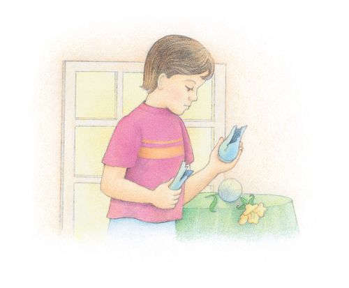 A watercolor illustration of a boy holding a broken vase, which has been broken by a nearby baseball.