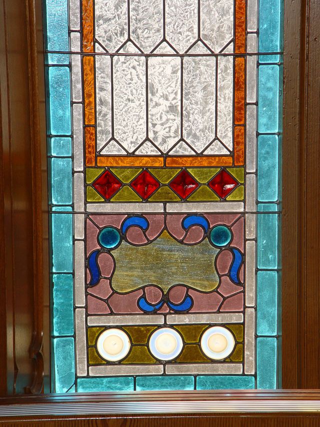 Stained glass windows in the Assembly Hall on Temple Square.
