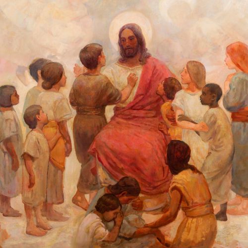 Painting by J. Kirk Richards entitled, "  ." Features a scene from the Book of Mormon when Jesus Christ came to the Americas after his resurrection. "Behold, your little ones." Children came to be blessed by Jesus and angels surrounded them and ministered to them.