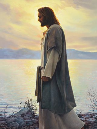 Christ walking along the shore of a lake