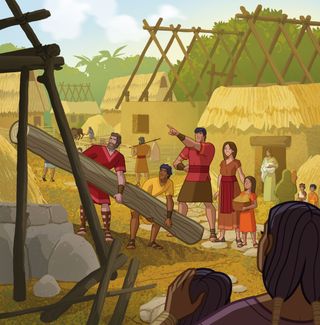 Captain Moroni directs men building a village, and families watch