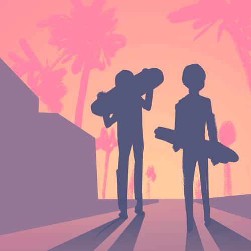 two boys walking with skateboards