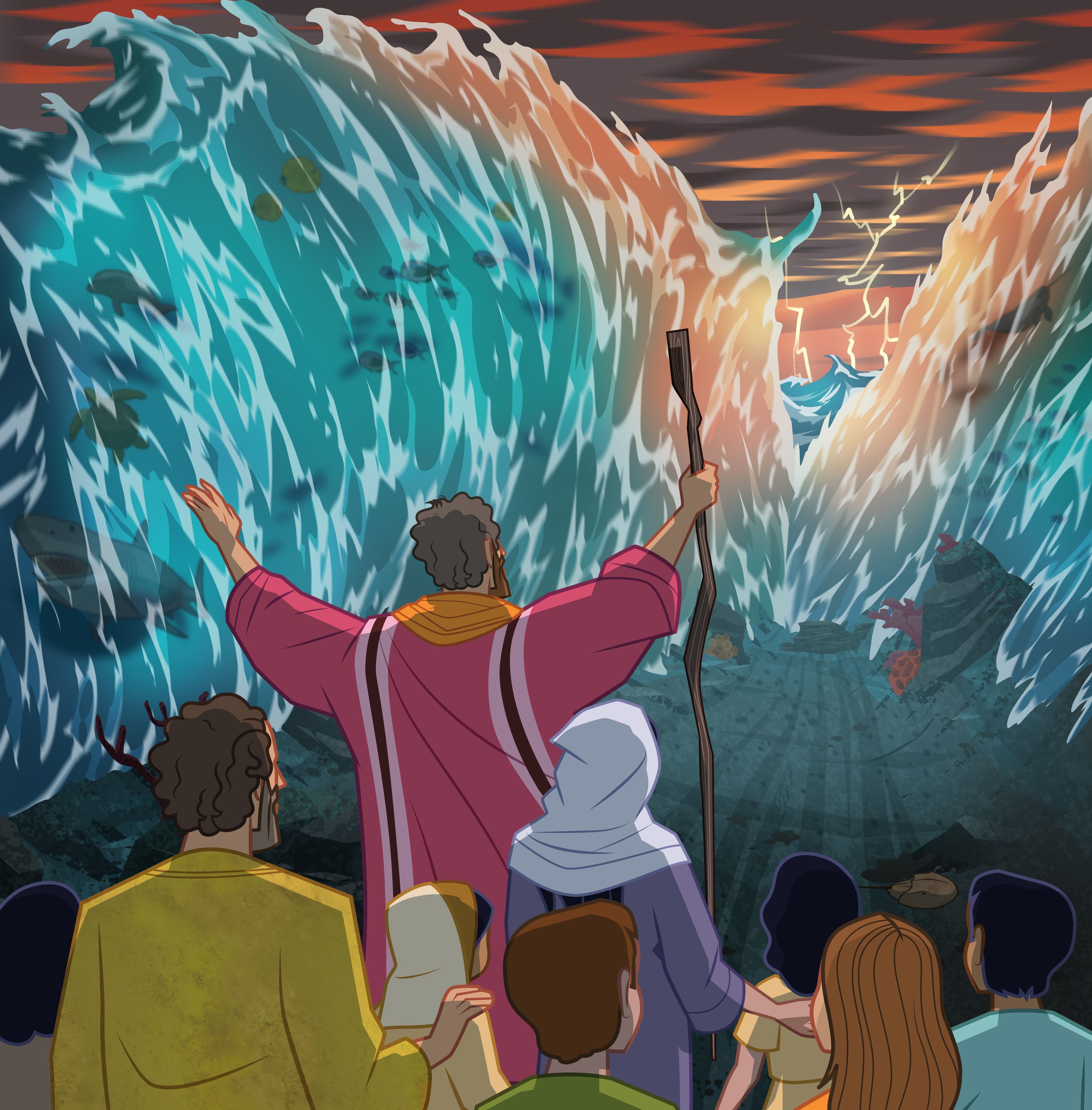 Illustration of Moses lifting rod, Red Sea parting. Exodus 14:15–16, 21–22