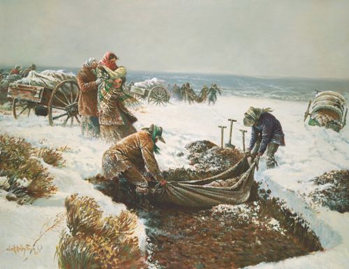 A painting by Clark Kelley Price depicting two members from the Martin handcart company laying one of their dead into a grave surrounded by snow.