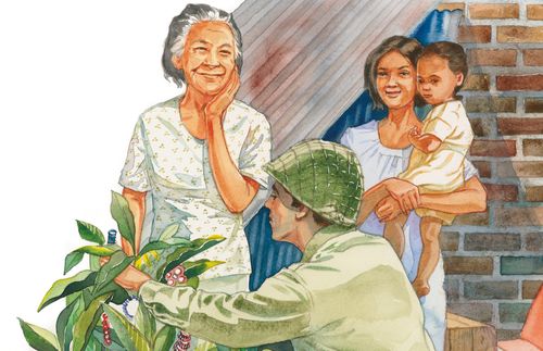 illustration of a soldier decorating a tree for a family